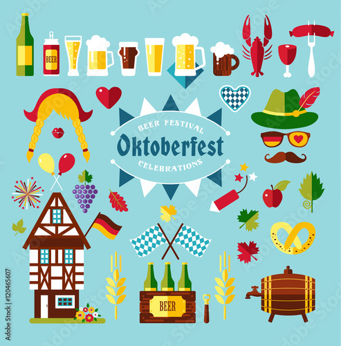 Flat design vector set icons with oktoberfest celebration symbol