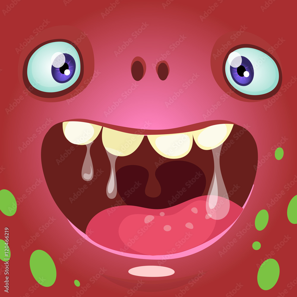 Cartoon monster face. Vector Halloween red monster avatar with wide smile Cartoon monster face. Vector Halloween red monster avatar with wide smile