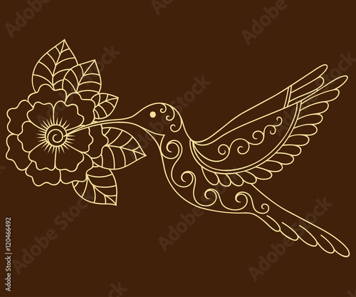 Henna tattoo flower and colibri template. Mehndi style. Set of ornamental patterns in the oriental style.
