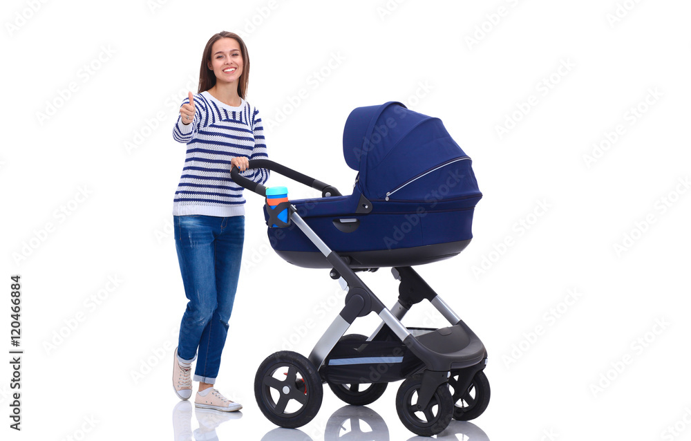 Full length portrait of a mother with a stroller, isolated on white background Full length portrait of a mother with a stroller, isolated on white background