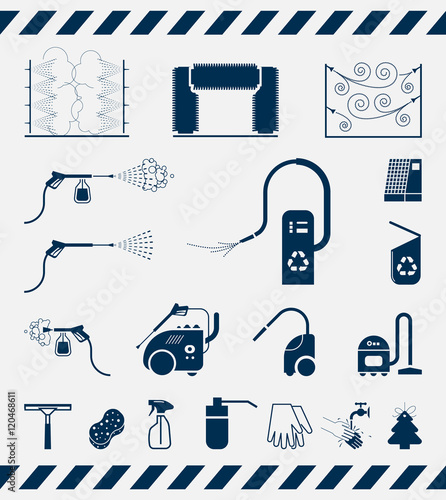 Set of car washing icons. 

Collection of icons presenting equipment used for car wash.
