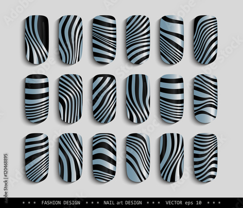 Nail art design. A set overhead nail, labels, stickers, elements for design. Ideas for manicure, pedicure, beauty salons, modeling agencies. Fashion trends. Collection in color. Vector illustration 