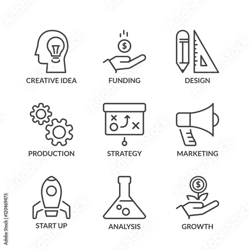 business process icons set, thin line, black color