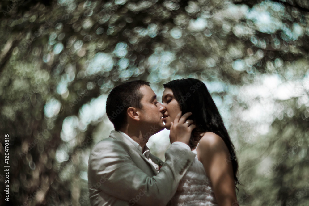happy man kissing his bride in garden happy man kissing his bride in garden