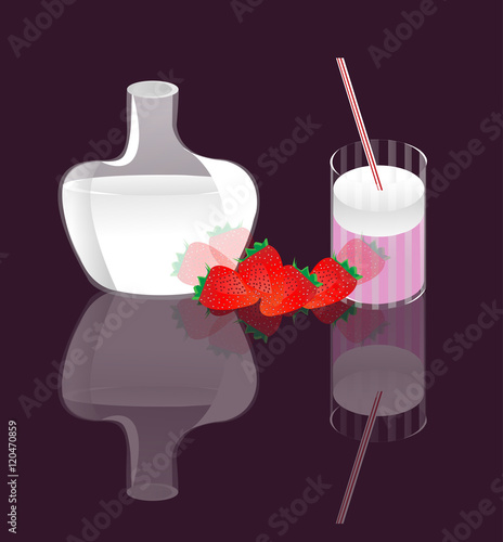 transparent glass with a cocktail and straw. Strawberry drink. Decanter milk. Vector