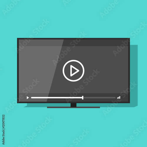 Flat screen tv with video player button vector illustration, concept of movie watching, television online cinema, theater, digital entertainment, video streaming technology