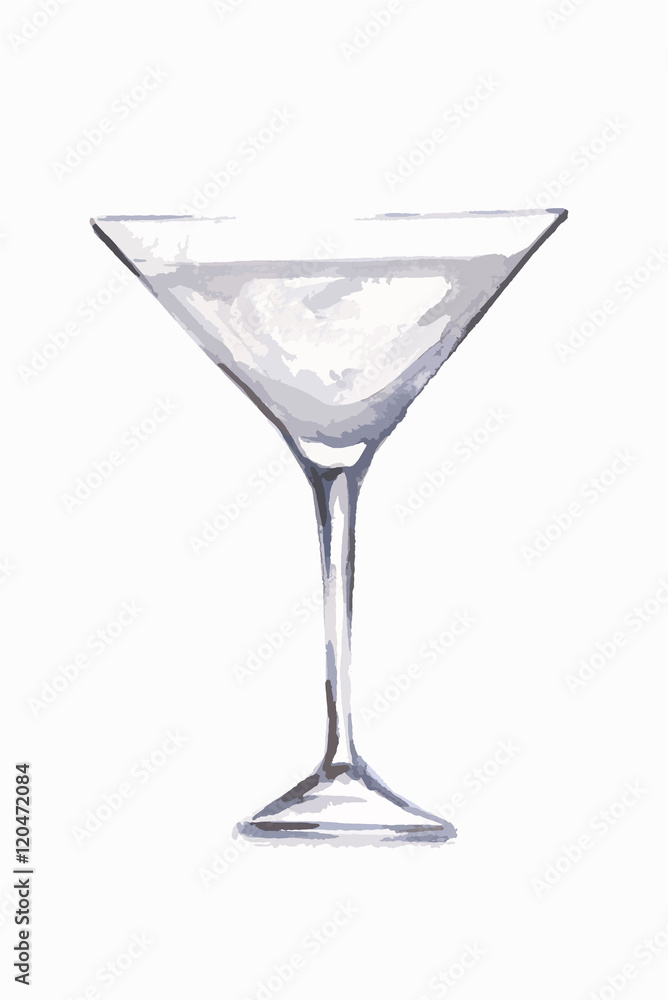 Watercolor martini glass. Beautiful and elegant glass with alcoholic beverage. Art for menu decoration.