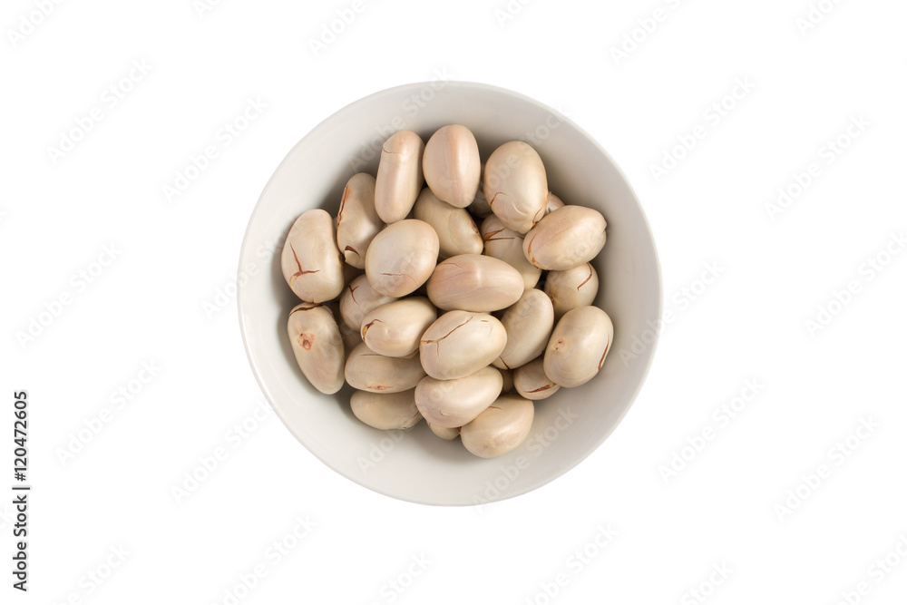 Raw Jackfruit seeds on a white bowl with isolated on white backg Raw Jackfruit seeds on a white bowl with isolated on white backg
