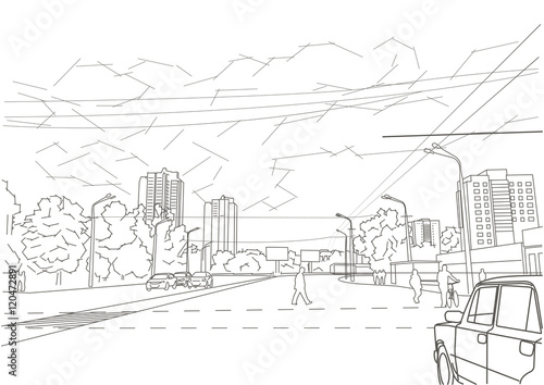 Linear architectural sketch town street