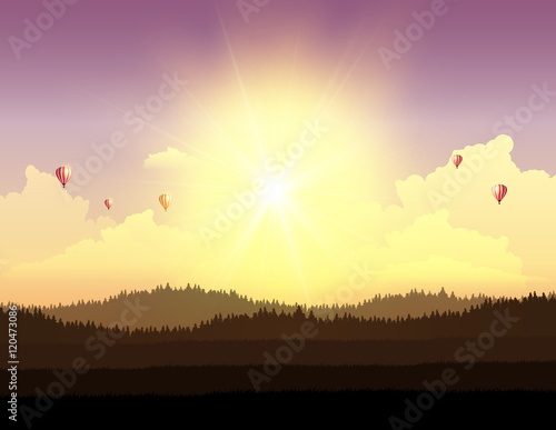 Fantasy Sunset Landscape Vector Illustration.

