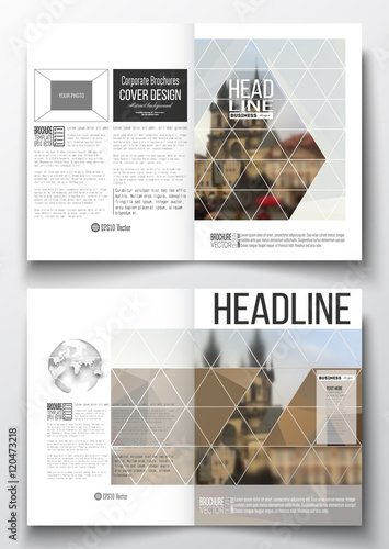 Set of business templates for brochure, magazine, flyer, booklet or annual report. Polygonal background, blurred image, urban landscape, Prague cityscape, modern triangular texture