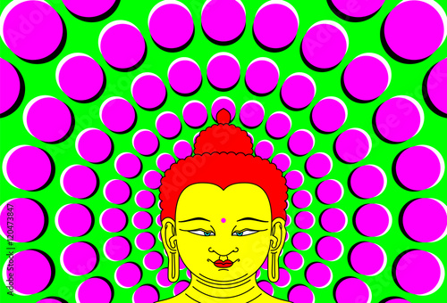 Psychedelic Buddha with moving background. Transcendent Bodhisattva illustration with peripheral drift optical illusion. It seems, the wheel with magenta dots on green become bigger with eye movement.