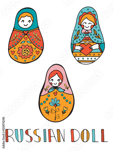 Colorful card with cute russian dolls