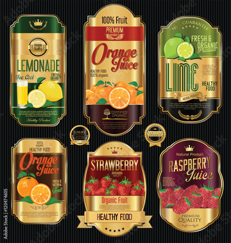 Set of organic fruit retro vintage golden labels collection