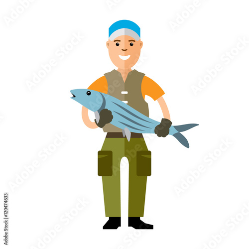 Vector Fishing concept. Fisherman with big fish. Flat style colorful Cartoon illustration.