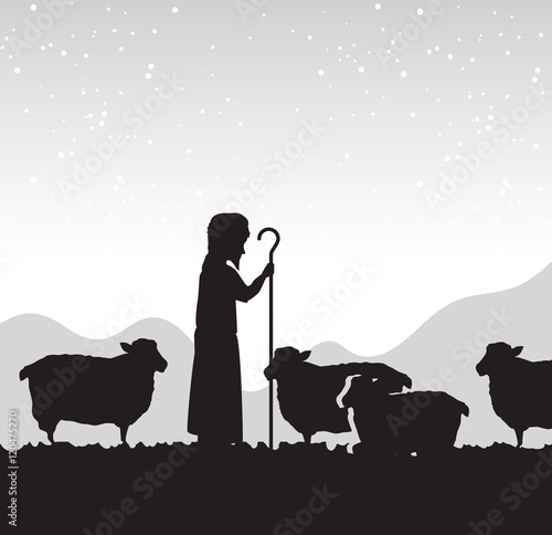 silhouette shepherd sheep manger isolated design vector illustration eps 10