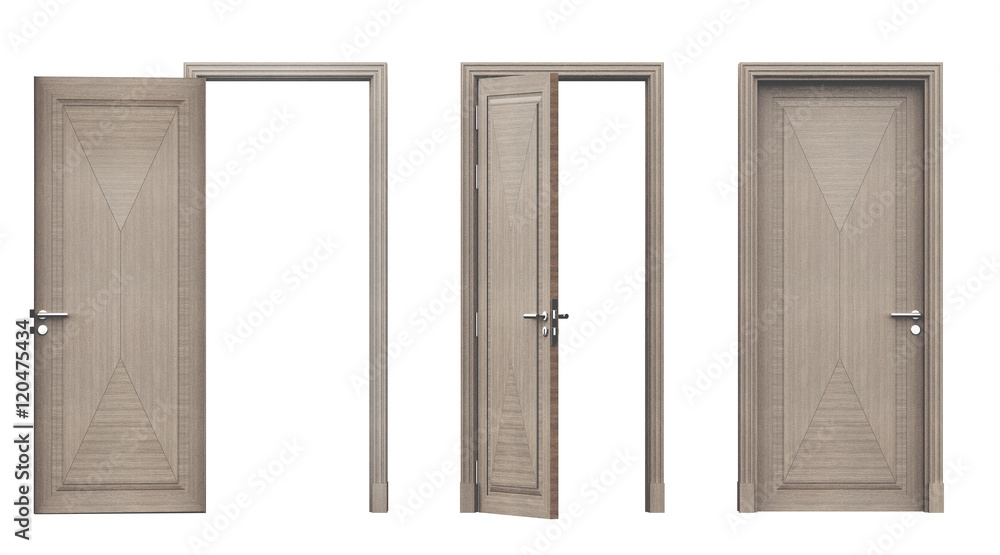 Fototapeta premium Tre porte in legno aperte e chiuse render 3d