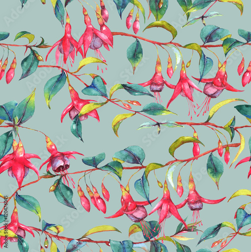 Hand-drawn watercolor seamless floral pattern with colorful vibrant pink fuchsia branches. Tropical exotic flowers blossom on the blue background. Repeated print for the textile, wallpapers etc.