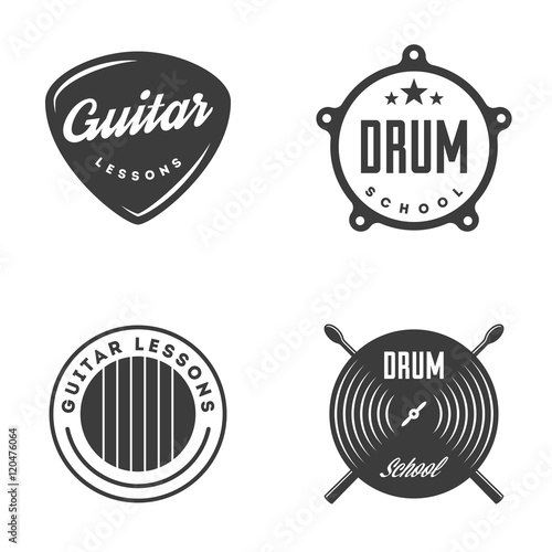 Drum and Guitar school isolated labels, badges.