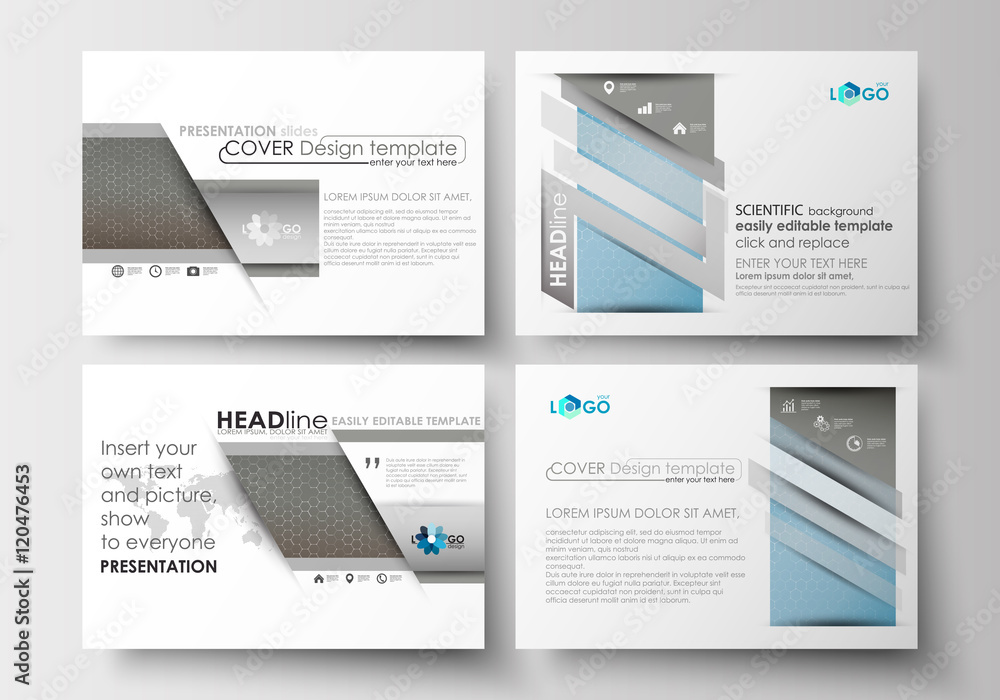 Set of business templates for presentation slides. Easy editable abstract flat layouts. Scientific medical research, chemistry pattern, hexagonal design molecule structure, science vector background.