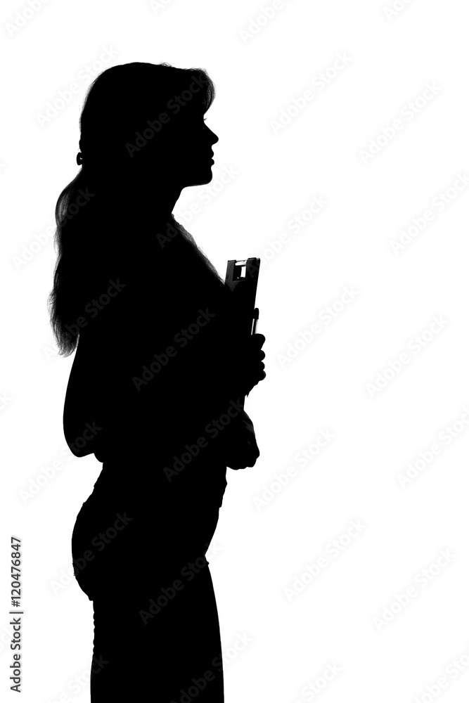 black and white silhouette of a young female student with a folder and pen in hand