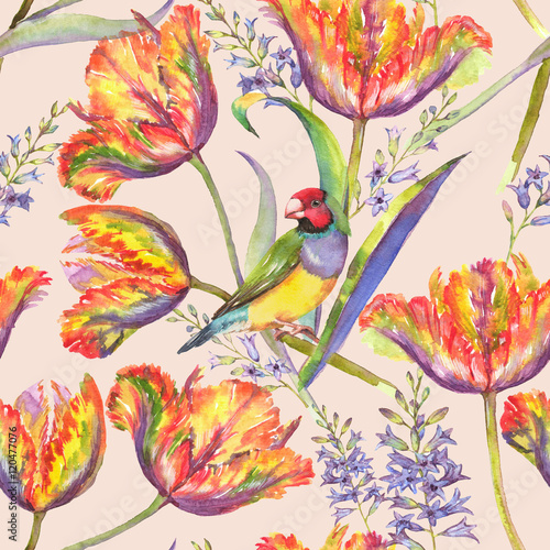 Watercolor summer floral seamless pattern with colorful tulips and hyacinth. Fresh bright flowers and Gouldian finch bird in the beautiful repeated print for the textile, wallpapers, wrapping paper.