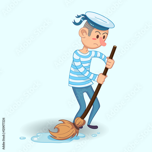 young sailor in uniform with mop and bucket cleaning equipment. Funny cartoon vector illustration