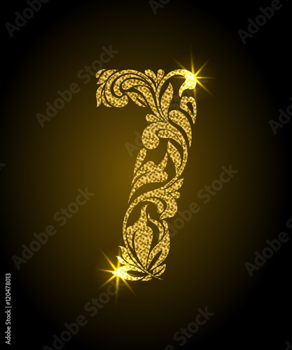 7. Decorative Font with swirls and floral elements. Ornate decorated digit seven with golden glitter