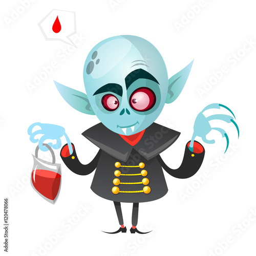 Cartoon vampire. Halloween vector illustration vampire holding pack of blood isolated on white background