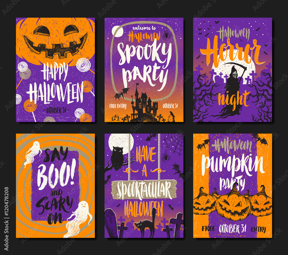 Fototapeta premium Vector set of Halloween holidays hand drawn posters or greeting card with handwritten calligraphy quotes, words and phrases.