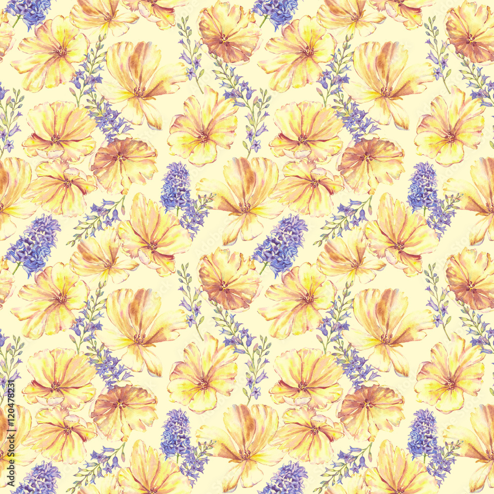 Watercolor summer floral seamless pattern with yellow tulips and hyacinth. Fresh bright flowers in the beautiful repeated vintage print for the textile, wallpapers, wrapping paper.