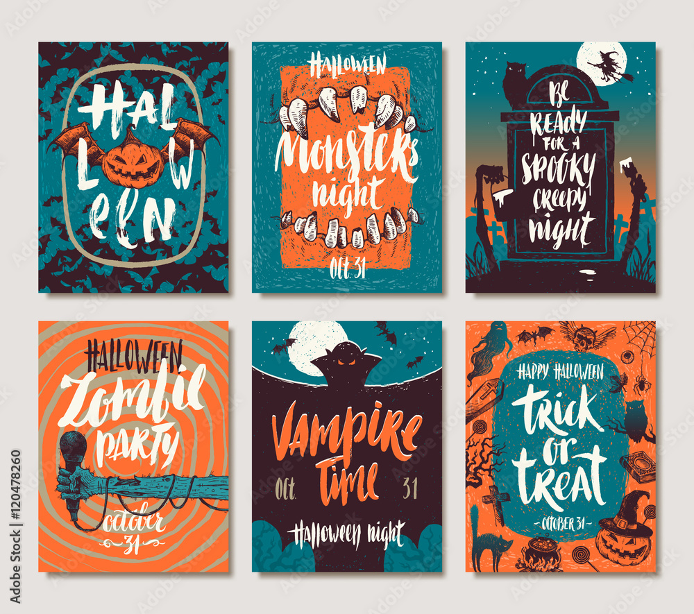 Obraz premium Zestaw ręcznie rysowanych plakatów lub kartek okolicznościowych z okazji Halloween z ręcznie pisanymi cytatami, słowami i frazami kaligraficznymi. Ilustracja wektorowa.