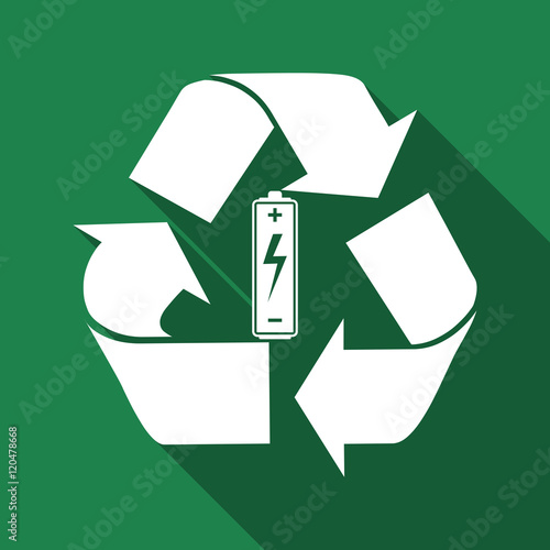 Battery with recycle symbol - renewable energy concept flat icon long shadow. Vector Illustration photo