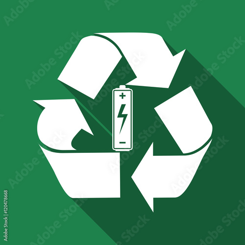 Battery with recycle symbol - renewable energy concept flat icon long shadow. Vector Illustration