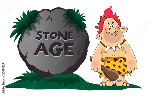 Stone age engraving on a big tablet rock with caveman. Flat style vector illustration isolated on white background.