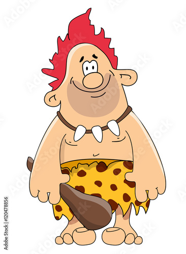 Stone age primitive man in animal hide pelt with big wooden club. Vector illustration isolated on white background.