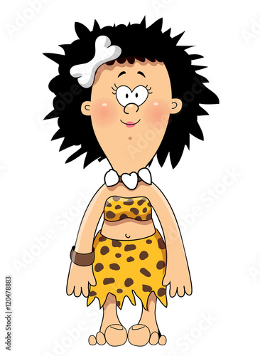 Stone age woman in animal hide pelt. Vector illustration isolated on white background. photo