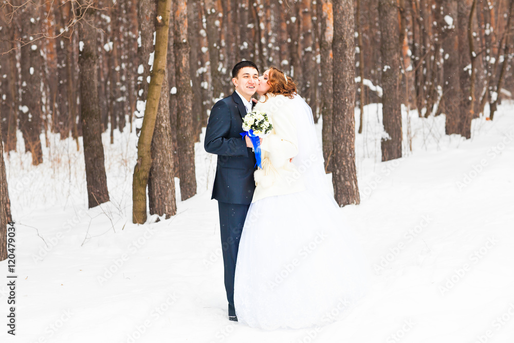 bride and groom in the winter woods.