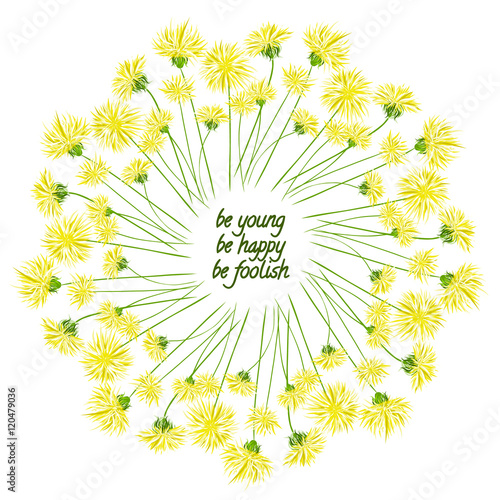 Wreath with dandelion and inscription. Dandelion wreath.