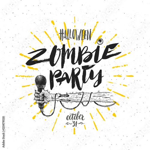 Zombie party - vector illustration. Halloween greeting card, poster or invitation with hand drawn illustration and calligraphy.