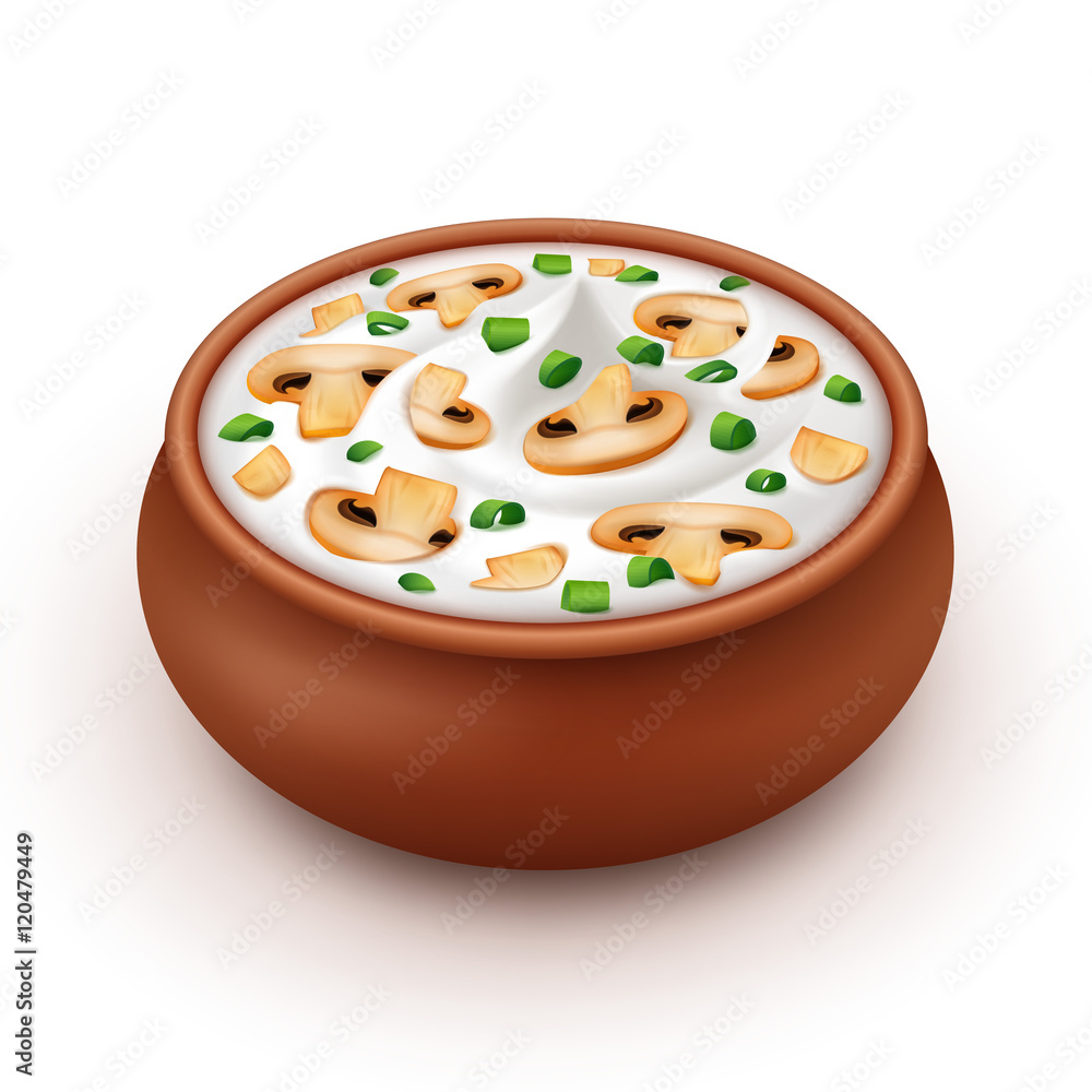 Ceramic Pot of Sour Cream Sauce with Onion and Champignons Ceramic Pot of Sour Cream Sauce with Onion and Champignons