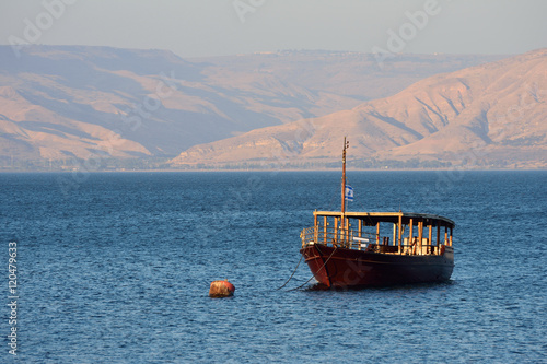Wooden ship for  the trip on Kinneret lake in northern Israel.  photo