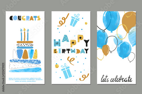 Set of watercolor birthday greetings card design in blue and gold colors. Vector illustration.