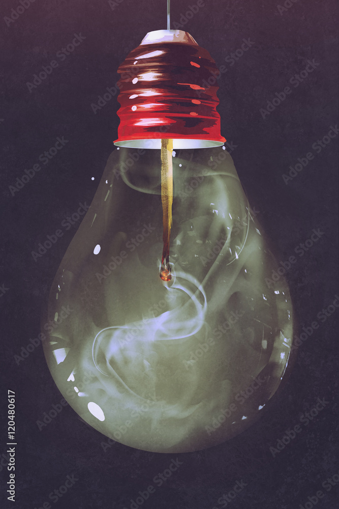 Fototapeta premium light bulb with burnt matchstick inside on dark background,illustration painting