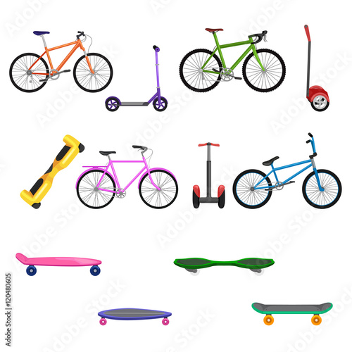 one and two wheeled mobility electric vehicle vector illustration, Eco alternative city transport bik and rolling wheels, scooter