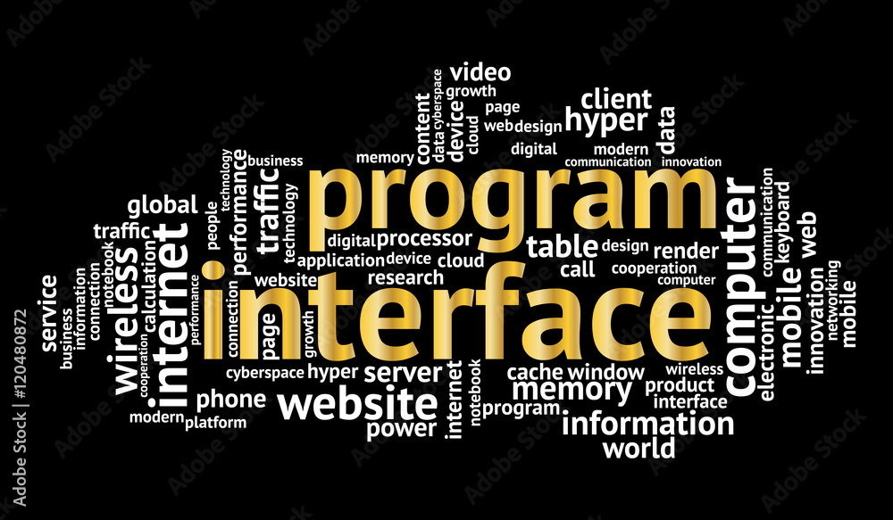 Program interface word cloud on black background. Technology and internet concept. Program interface word cloud on black background. Technology and internet concept.