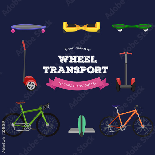 one and two wheeled mobility electric vehicle vector illustration, Eco alternative city transport bike and rolling wheels, scooter