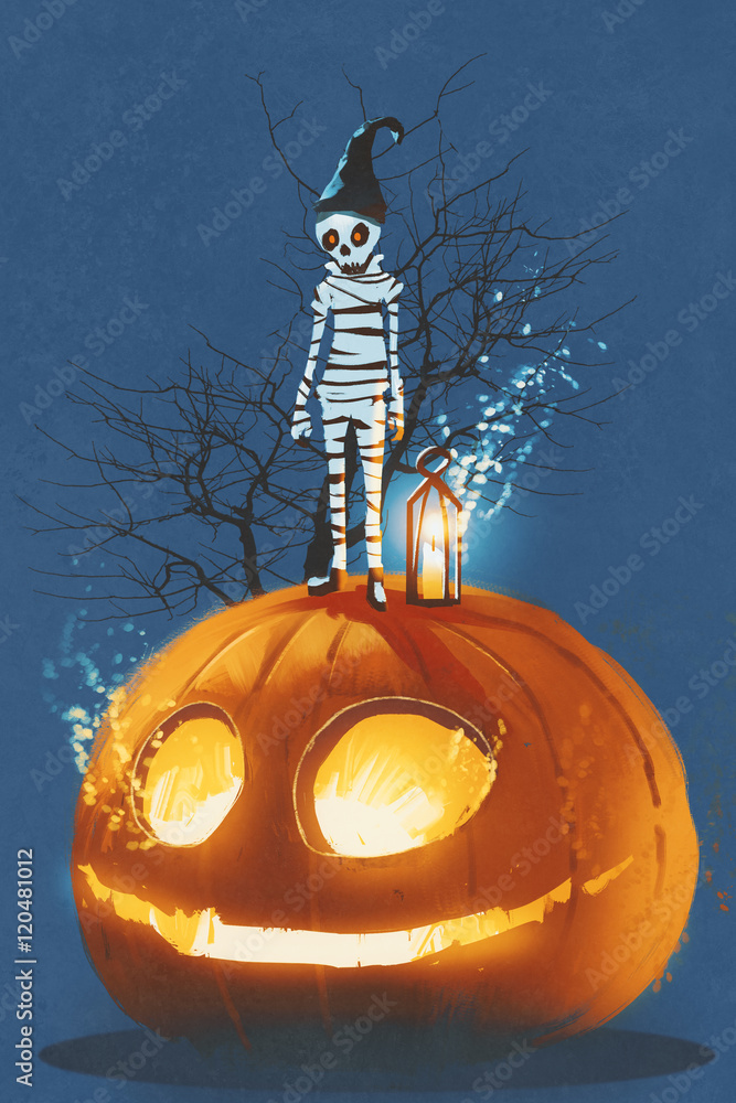 Fototapeta premium mummy standing on giant pumpkin,Jack O lantern,Halloween concept,illustration painting