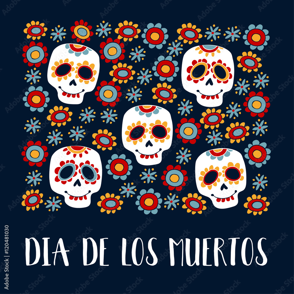 Dia de Los Muertos greeting card, invitation. Mexican Day of the Dead. Ornamental sugar skulls, flowers. Hand drawn vector