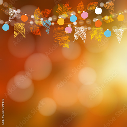 Autumn fall card, banner. Garden party decoration. Garland of oak, maple leaves, lights, party flags.Vector blurred illustration
